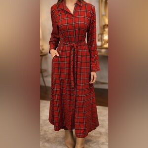Joe Fresh Red and Black Plaid Long Sleeve Dress